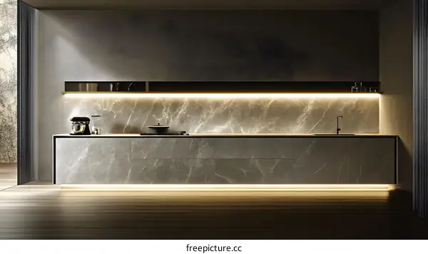 Minimalist Modern Kitchen Interior Design With Marble Countertop And Under Cabinet Lighting