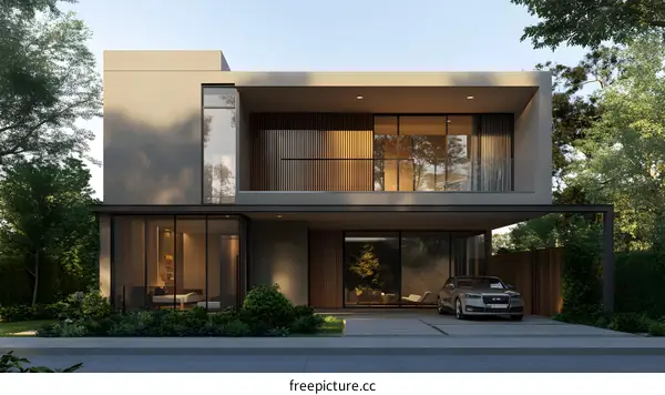 Modern Two Story Home with Large Windows and Carport