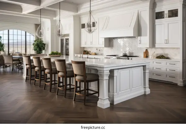 White kitchen with large island and hardwood floors