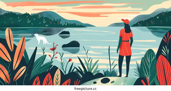 Woman Standing by Lake with Dog and Sunset Illustration