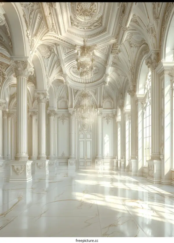 Ornate White Marble Ballroom with Columns and Crystal Chandeliers