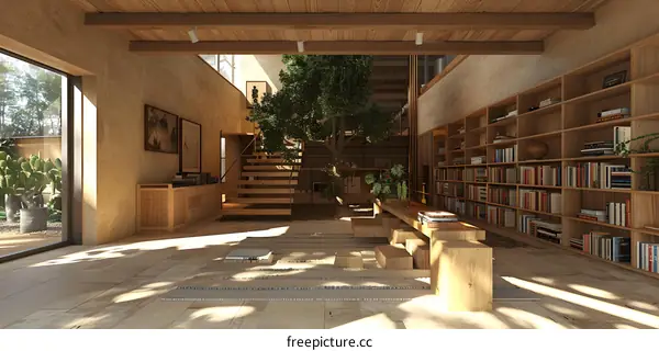 Modern Minimalist House Interior Design with a Tree in the Middle