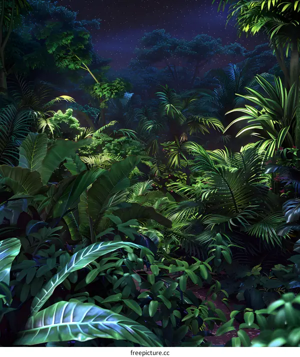 Nighttime Jungle Scene with Lush Green Foliage and Starry Sky