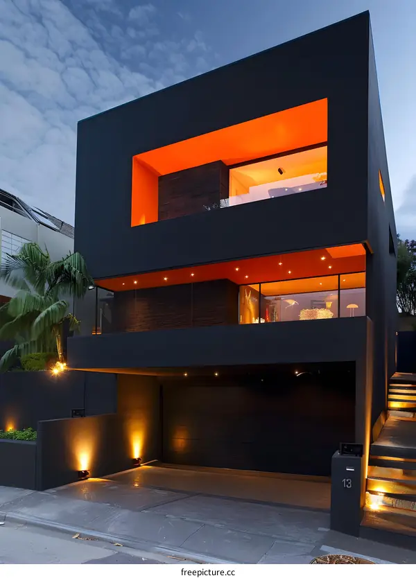 Modern Black House with Orange Windows and Lights