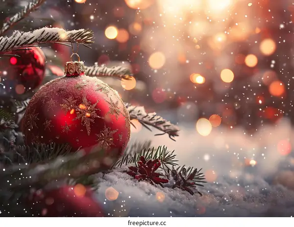 Red Christmas Ball Hanging from Snowy Fir Tree Branch