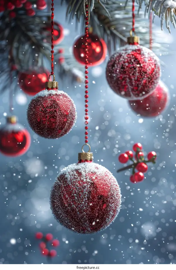 Red Christmas Balls Hanging from a Snow-Covered Conifer Tree