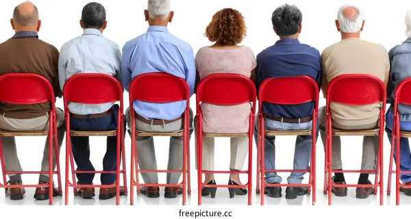 Rear View of Diverse Group of People Sitting on Red Chairs