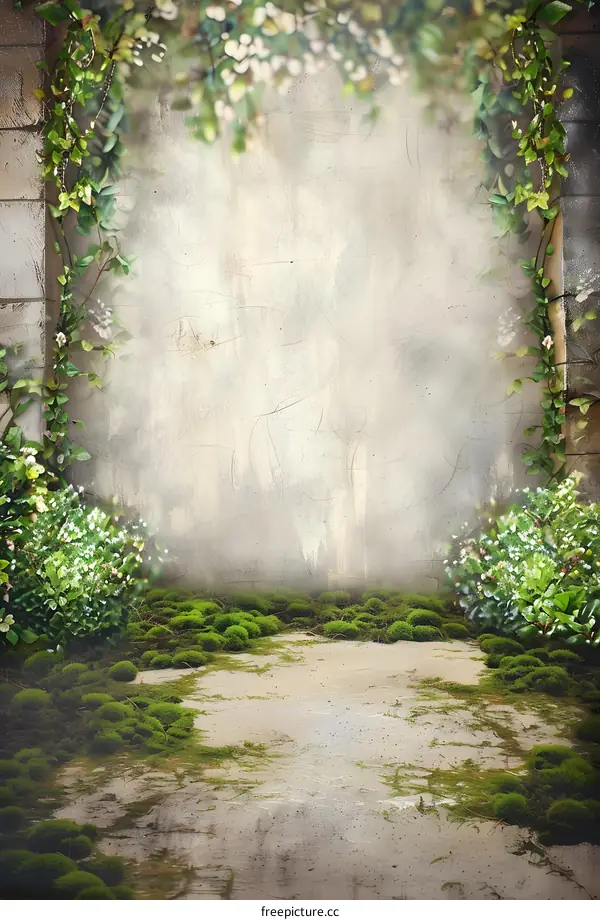 Vintage Wall With Green Ivy Plants and Moss Ground