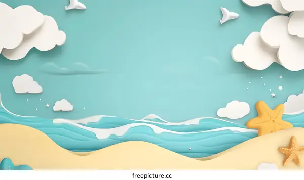 Summer Paper Cut Beach with Clouds and Starfish