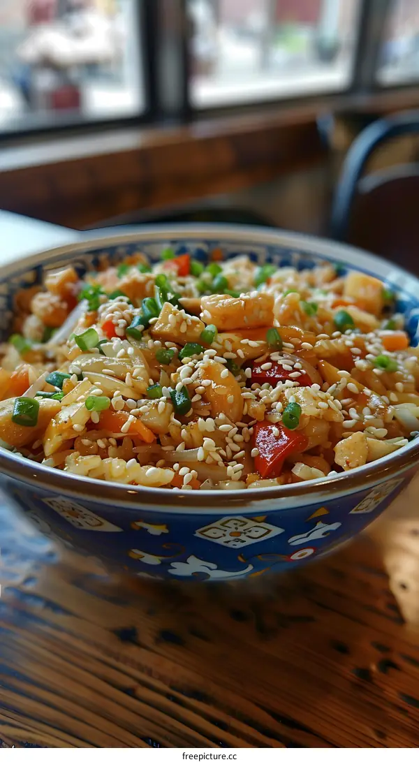 A bowl of delicious fried rice with vegetables and shrimp