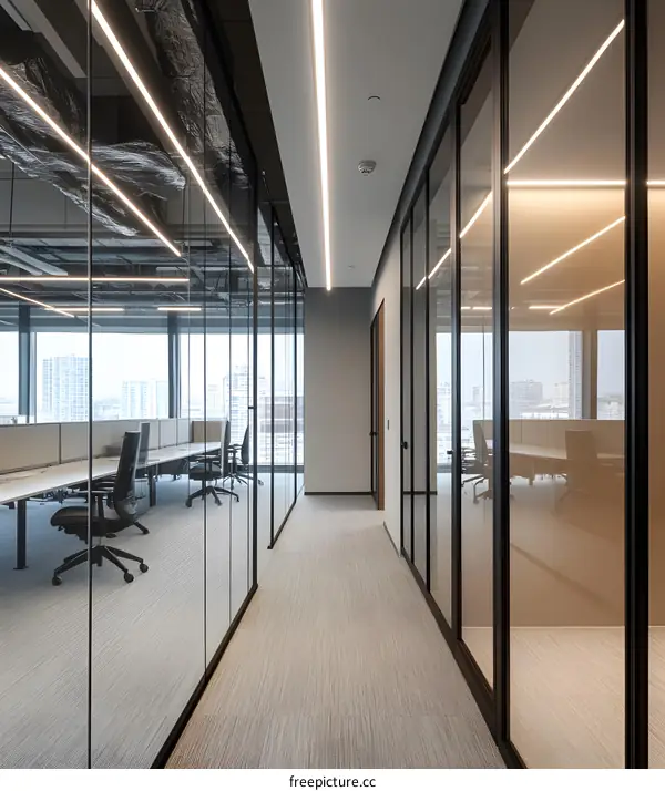 Modern Office Corridor with Glass Walls and City Views