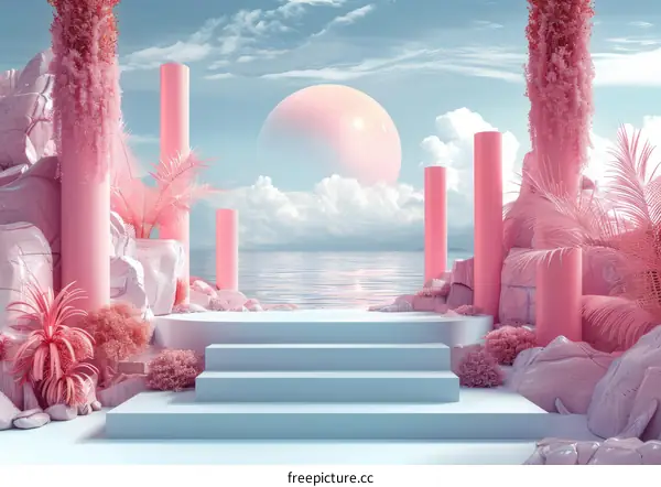 Pink and Blue Podium on Surreal Landscape