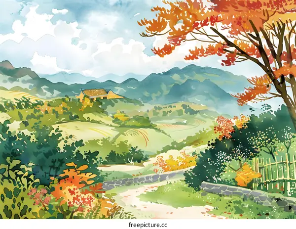 Watercolor Painting of a Rural Landscape with a Small House and Mountains