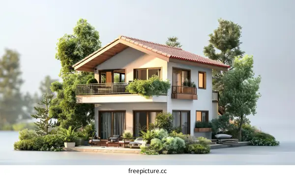 A modern two-story house with a red roof and a balcony surrounded by trees