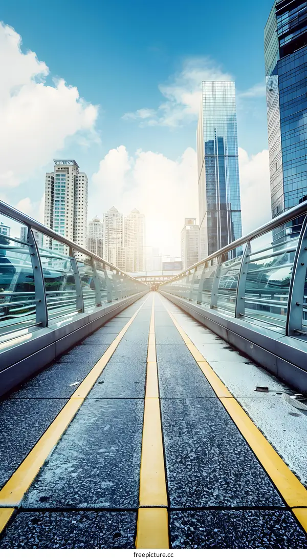 Skyline View From Elevated Walkway With Yellow Lines