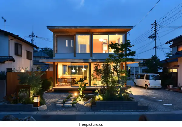 Modern Japanese Home with Stone Pathway and Landscape Lighting
