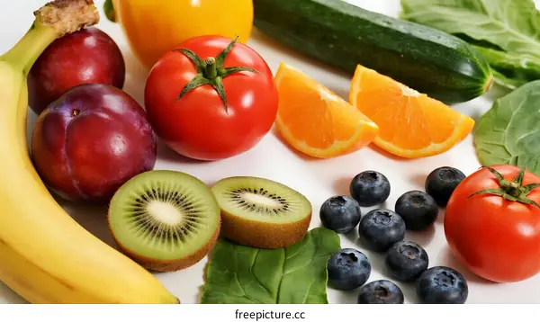 Fresh Colorful Fruits and Vegetables Arranged on White Plate