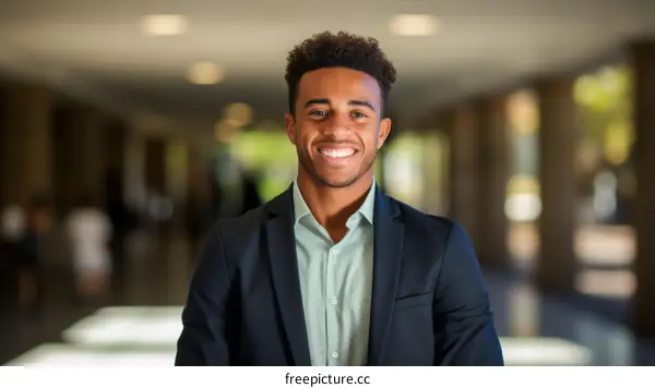 A young African-American professional man in a suit smiling