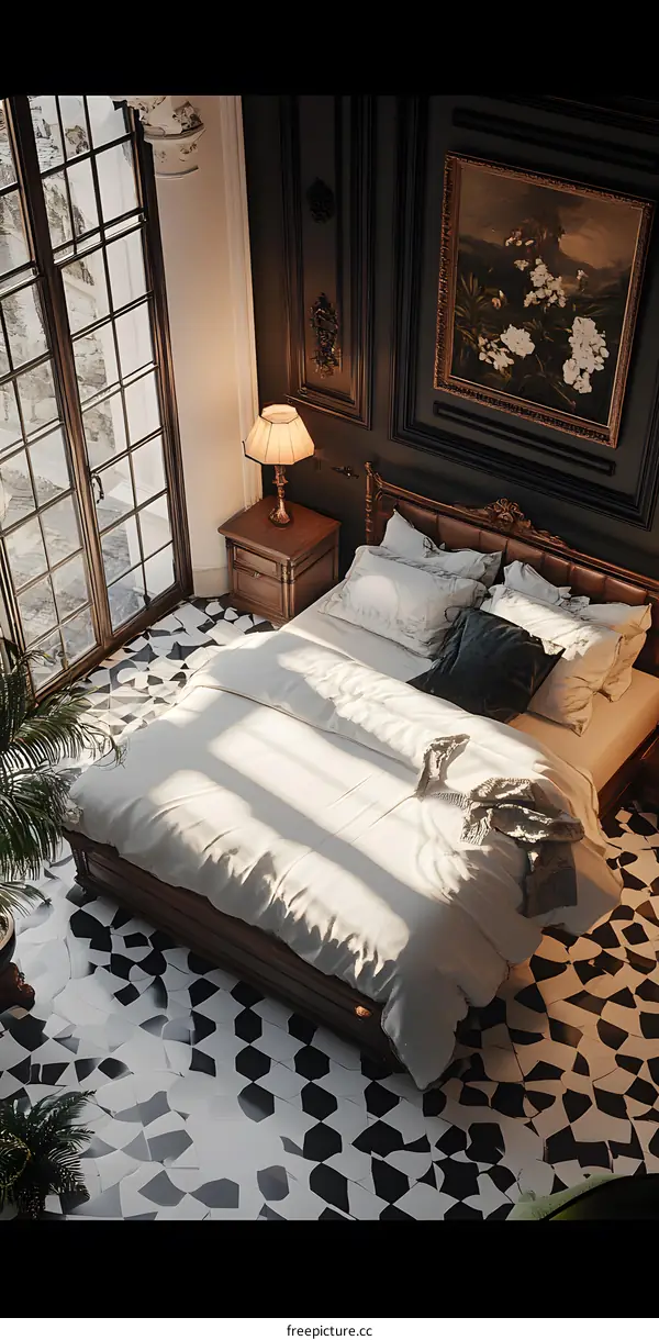 Elegant Black and White Geometric Tile Floor in Luxurious Bedroom