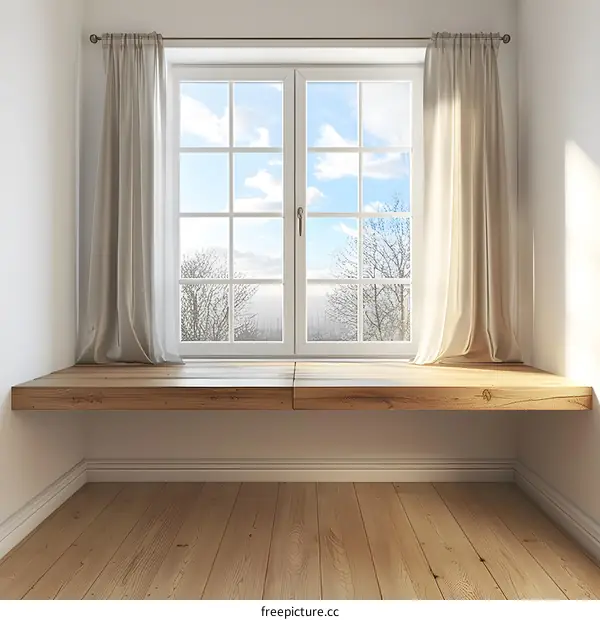 Window with Curtains and Wooden Window Seat