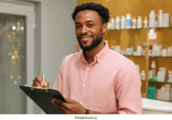Smiling African American Man Writing on Clipboard in Pharmacy