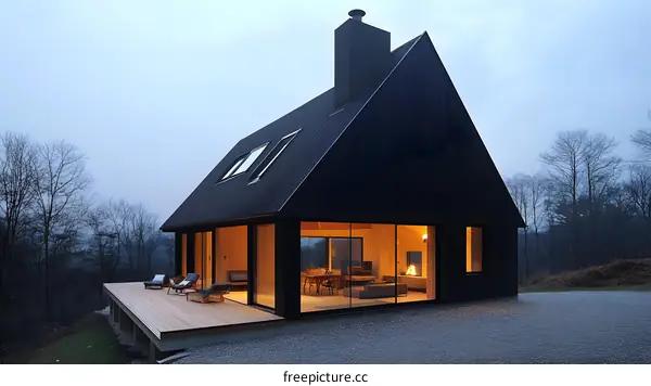 Modern Black Cabin with Large Windows and a Deck