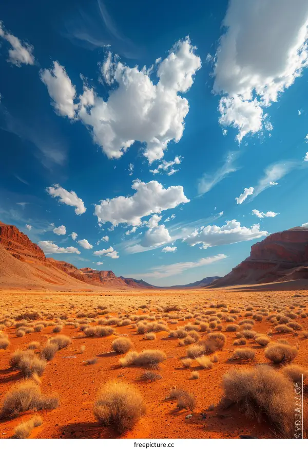 Vast Desert Landscape with Red Sand and Blue Sky