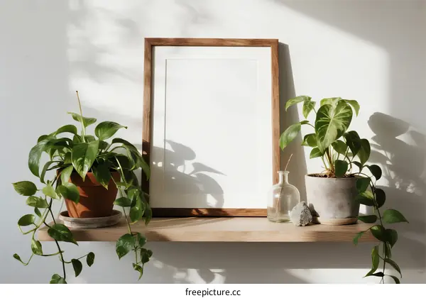 Minimalist shelf with empty frame and green houseplants