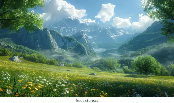 Fantasy Mountain Valley Landscape Painting