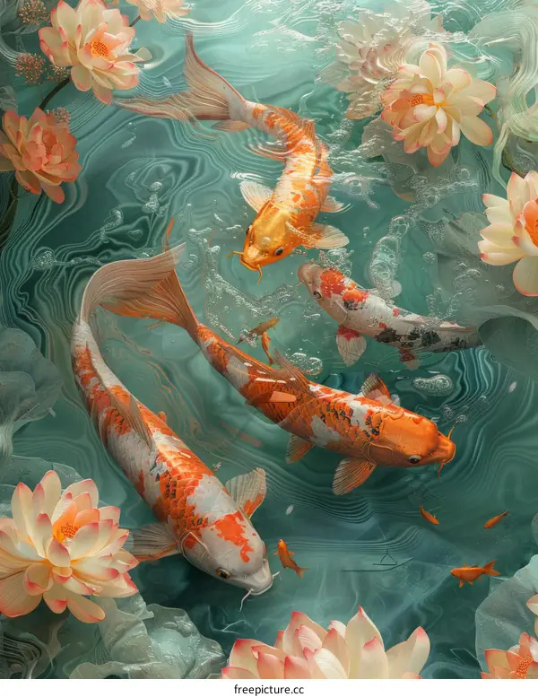 Colorful锦鲤鱼swimming in a pond with beautiful lotuses