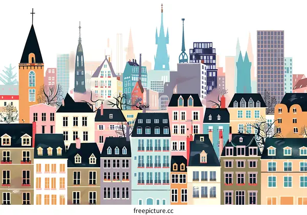 Colorful Cityscape Illustration with Buildings and Trees