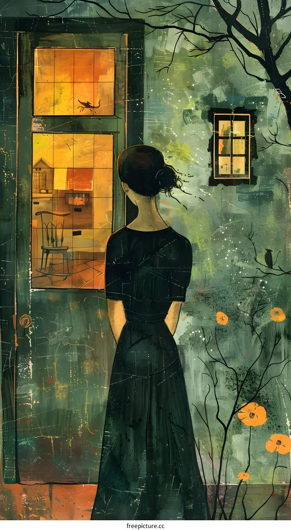 A lonely woman standing in front of a door