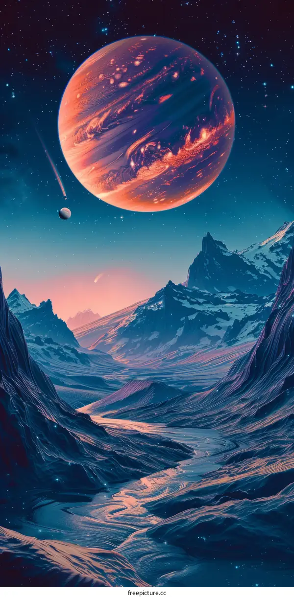 An illustration of a red planet with a moon and mountains in the foreground