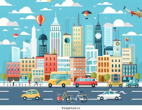 Cityscape Illustration with Buildings, Vehicles, and People