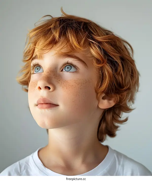 Portrait of a Young Boy with Red Hair and Freckles Looking Up