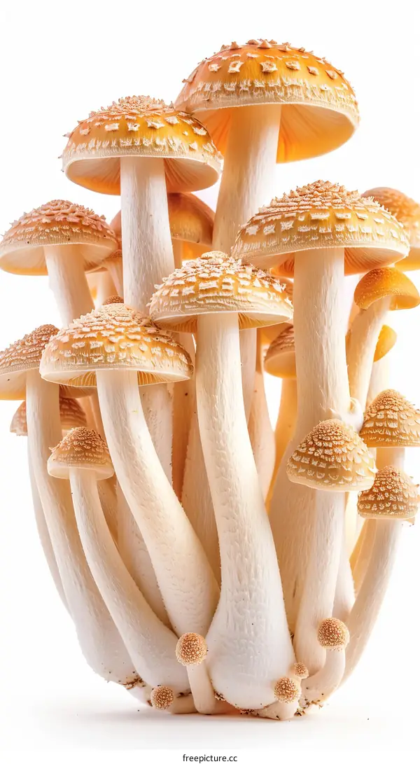A cluster of orange mushrooms with white stems