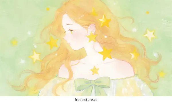 A Young Girl with Long Blond Hair Adorned with Shiny Stars