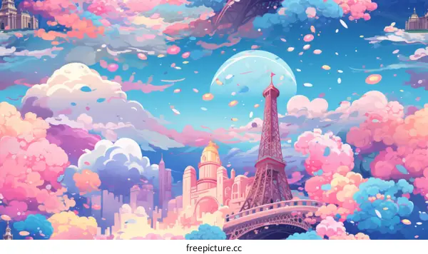 Dreamy pastel illustration of Paris with Eiffel Tower