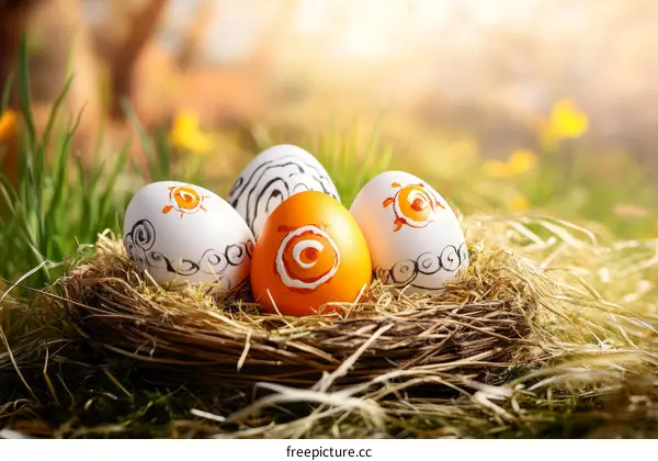 Decorated Easter Eggs in a Nest