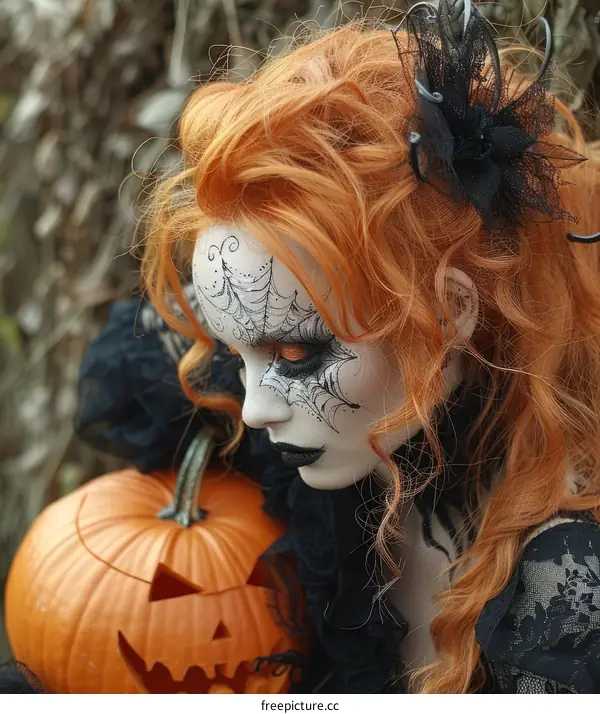 Redhead woman with Halloween makeup and a pumpkin