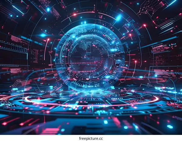 A futuristic illustration of a glowing blue and pink sphere in a dark room.