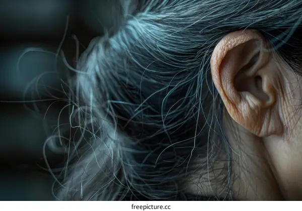 Close-up of an old woman's ear with gray hair