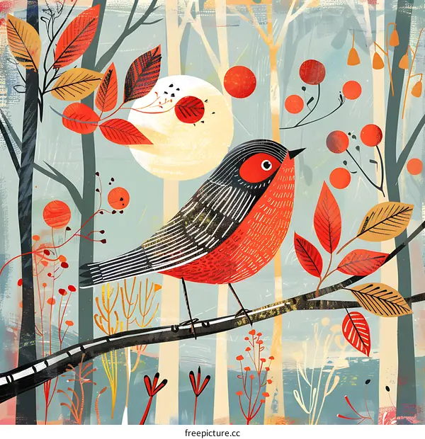 Red Robin Bird in Autumn Forest Illustration