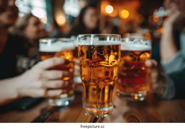 Four People Toasting Beer Glasses at a Bar