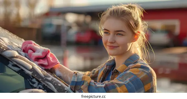 Young woman washing a car with a sponge