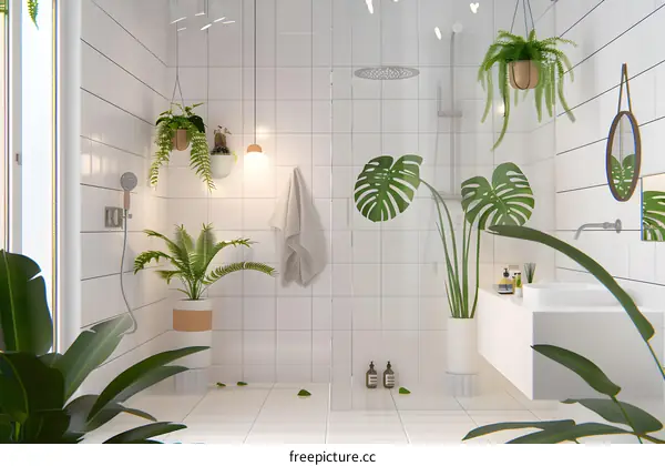 Modern Bathroom Interior Design with White Tiles and Green Plants