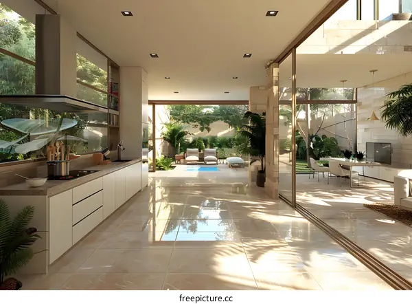 Modern open plan kitchen with garden view