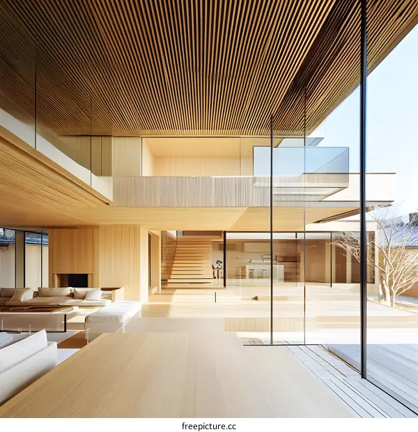 Modern Wooden House Interior with Large Windows