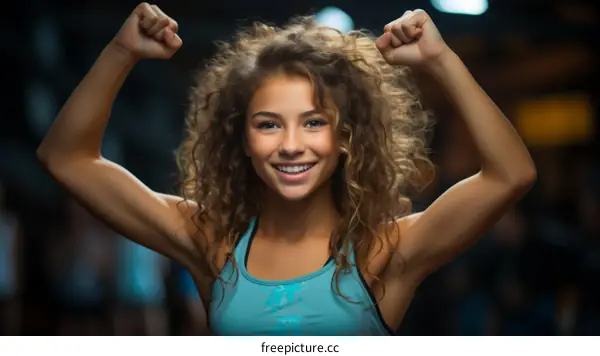 Curly-haired girl celebrating her success with a smile on her face