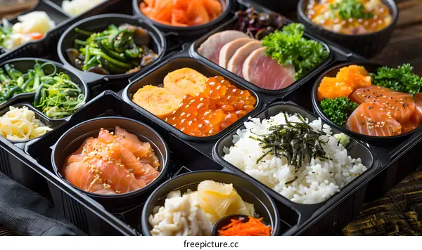 A delicious and healthy Japanese bento box with a variety of fresh fish, vegetables, and rice